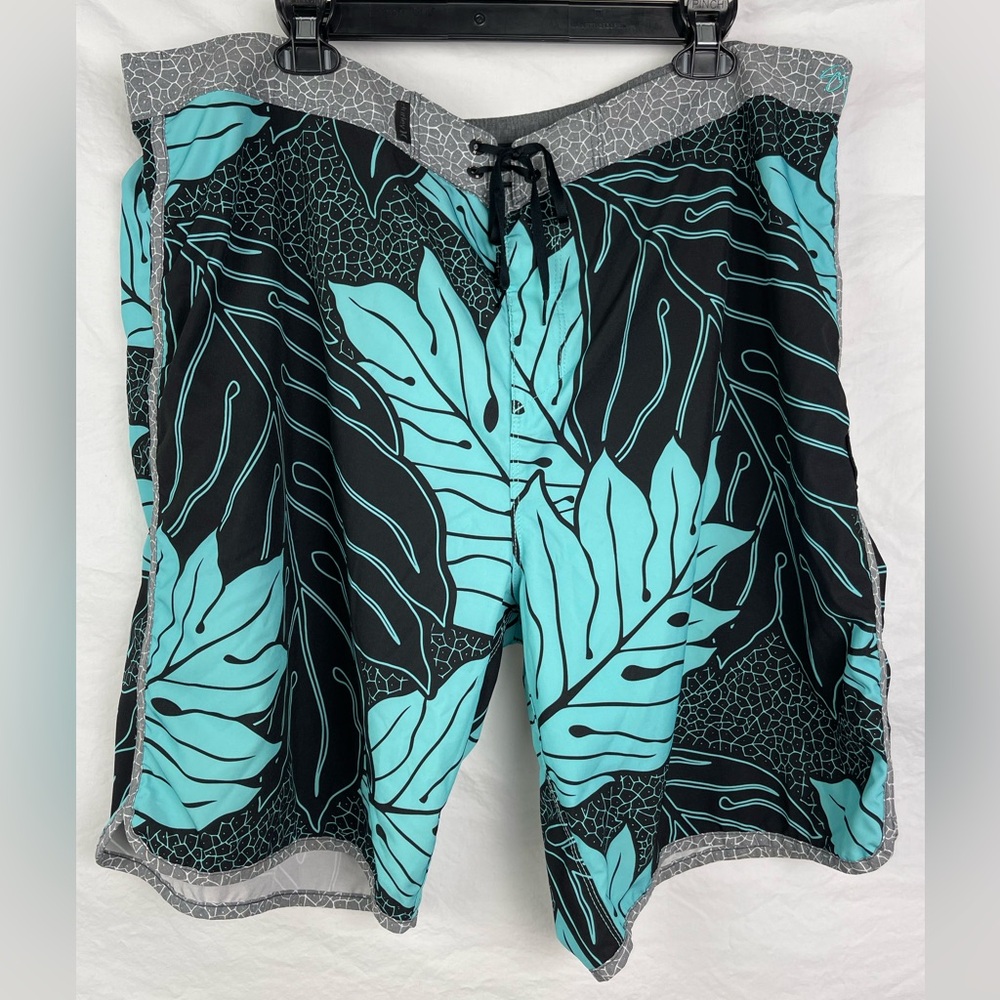 Men's Hurley Board Shorts-40-Hawaiian Print-Black/Teal/Gray/White